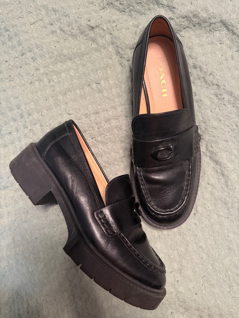Coach Black Leather Chunky Heel Loafers